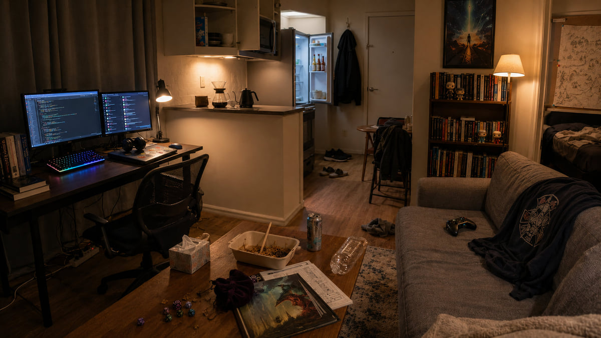 A compact studio apartment with a two-monitor desk, kitchen counter, and couch