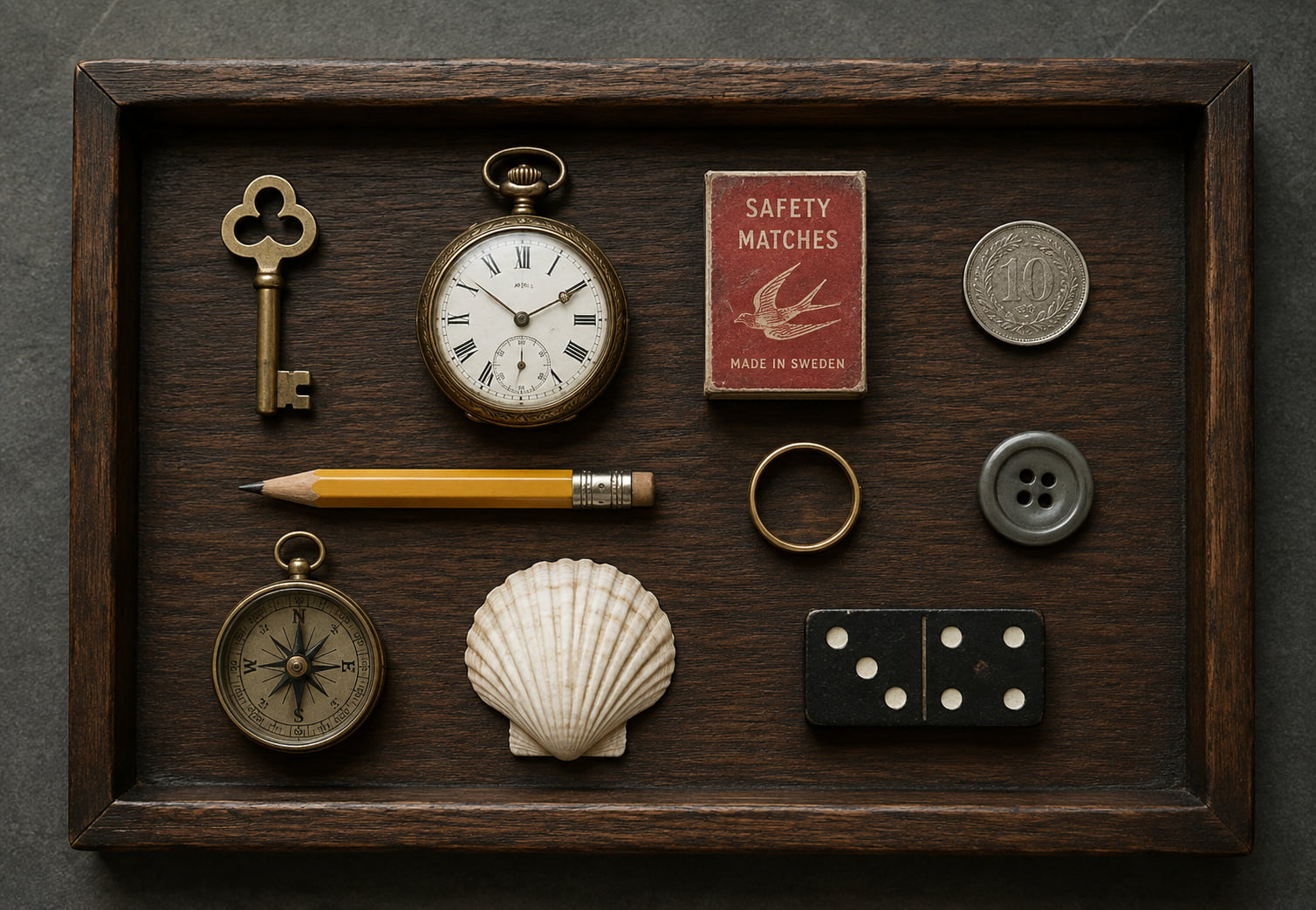 Kim's Game observation exercise tray with ten objects including a pocket watch, brass key, compass, matchbox, and domino